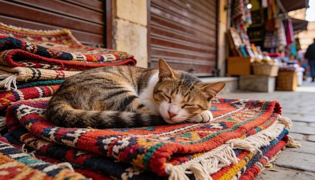 Sleeping tabby cat lounging on vibrant handwoven rugs at traditional bazaar alley