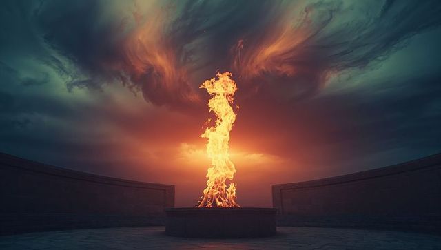 Dynamic Spiral Flame in Open-Air Plaza during Dramatic Sky