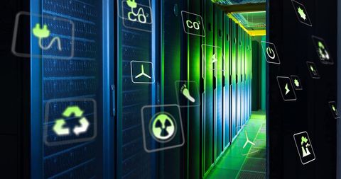 Green Technology Icons Overlaying Modern Server Room - Download Free Stock Images Pikwizard.com