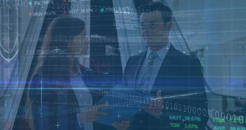 Business Professionals Analyzing Data with Digital Overlay in Office Corridor