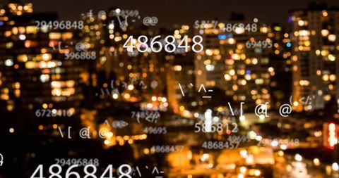 Digital Data Processing Overlay on Urban Night Skyline