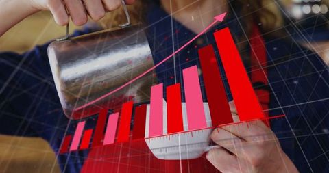 Barista crafting specialty coffee with emerging business growth graph