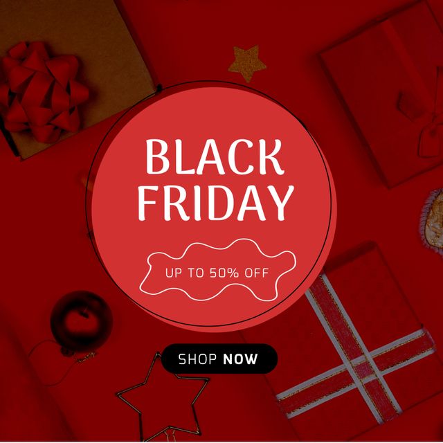 Ideal for promoting Black Friday sales and attracting customers with enticing discounts. Use this for social media posts, website banners, or email marketing campaigns to boost holiday season sales. Highlights an eye-catching red themed background with gift boxes and sale details, engaging customers during holiday shopping frenzy.