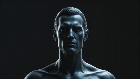 Sculpture of powerful lucifer bust with dramatic blue lighting