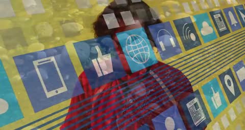 Person Surrounded by Digital Icons Representing Technological Connectivity