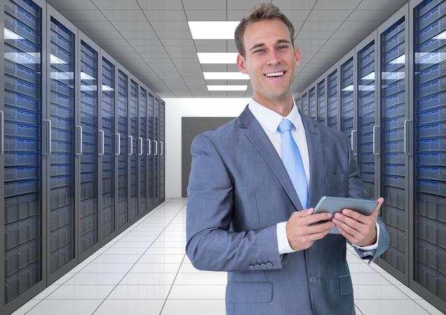 Suited IT professional smiling while holding tablet, standing in modern data center server room with rows of servers. Perfect for illustrating concepts related to information technology, data management, networking services, and business technology solutions.