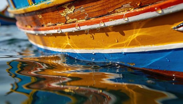 Colorful weathered boat hull shedding gold leaf and creating rippling water reflections