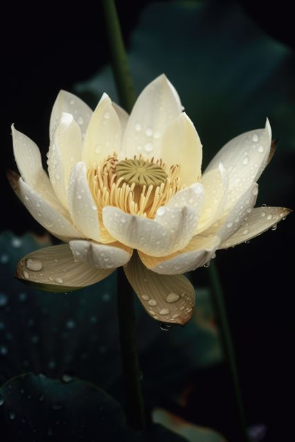 A close-up of a lotus flower displaying its delicate, dewy petals. Ideal for use in nature-themed projects, wellness and meditation promotions, botanical studies, or as inspirational imagery. This flower evokes a sense of tranquility and natural beauty, making it perfect for holistic and spa advertising.