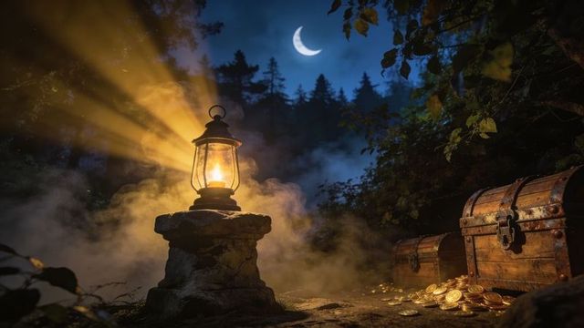 Glowing antique lantern casting golden beams over treasure chests in misty moonlit forest