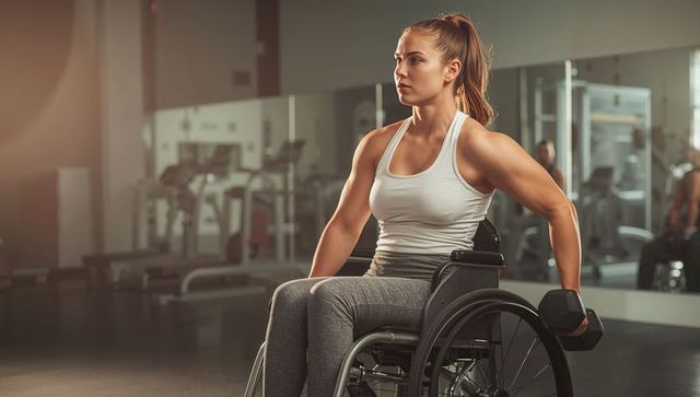 Strong wheelchair athlete lifting dumbbell at gym building adaptive strength and confidence