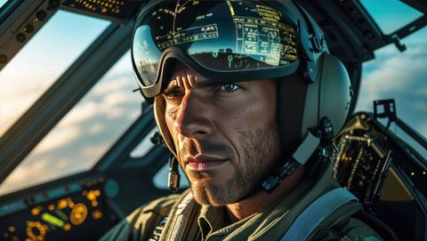 F16 jet pilot analyzing high-technology hud in flight