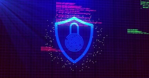 Neon shield protecting fingerprint lock on holographic grid with glitch code encryption