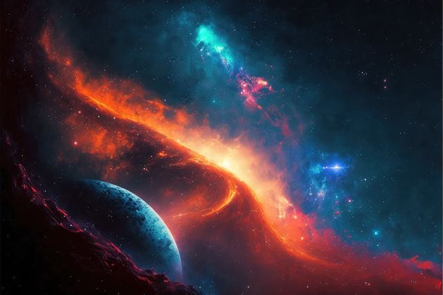 Image of planet, stars and outer space and sky, created using generative ai technology. Spacescape, cosmos and galaxy concept digitally generated image.