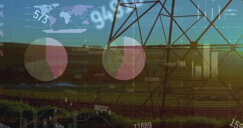 Financial Data Overlay on Electricity Pylon Landscape