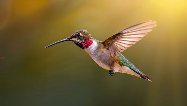 Hovering Ruby-throated Hummingbird with Iridescent Green Back and Red Throat in Golden Light