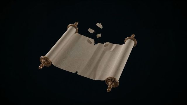 Ancient floating scroll with torn fragments and gold rods