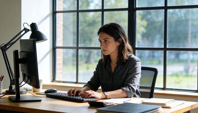 Young professional woman working at minimalist desk by large window with desktop computer