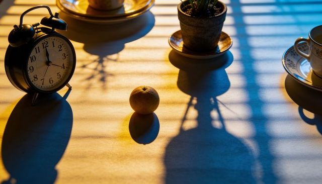 Mandarin catching morning light with vintage alarm clock and plant casting striped shadows