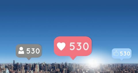 Social Media Engagement Icons Over Urban Cityscape