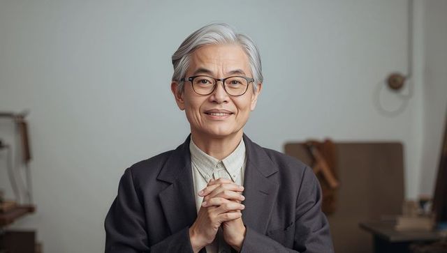 Senior woman smiling and clasping hands in warm home office, wearing round eyeglasses
