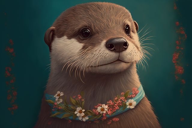 An adorable otter wearing a flower garland around its neck, looking curiously. Artwork captures the essence of nature and wildlife through a digital illustration. Perfect for use in children’s books, educational materials, nature-themed posters, and digital content related to wildlife awareness.