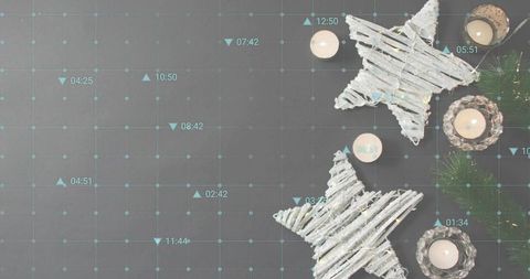 Rustic christmas stars and candles with teal grid overlay and left copy space