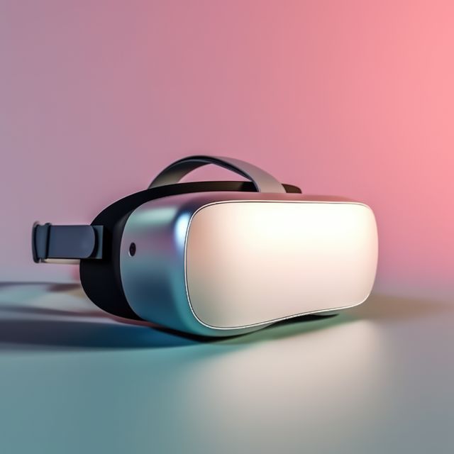 Grey vr headset on blue and pink background with copy space, created using generative ai technology. Virtual reality and digital interface technology concept digitally generated image.
