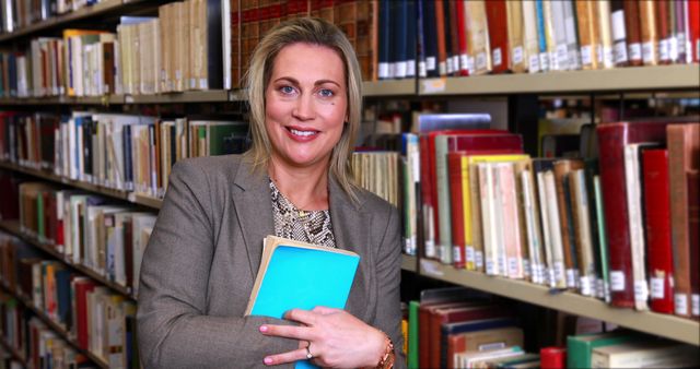 Smiling Woman Holding Book in Library, Surrounded by Bookshelves - Download Free Stock Images Pikwizard.com