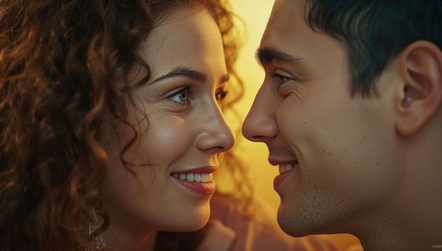 Smiling Couple Sharing Romantic Moment in Warm Lighting