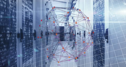 Futuristic Digital Interface with Data Nodes and Server Room