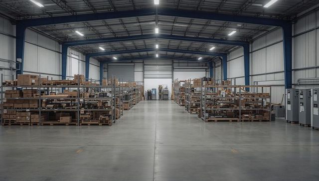 Wide industrial warehouse aisle leading to roll-up loading door with pallet racks