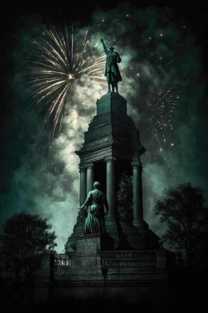 Green fireworks exploding over monument, created using generative ai technology. New year's eve and celebration concept digitally generated image.