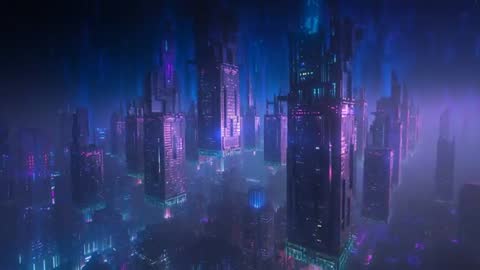 Futuristic Neon Skyscrapers Pulsing in Nighttime Haze