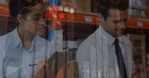 Overlay of Financial Data Charts on Warehouse Personnel