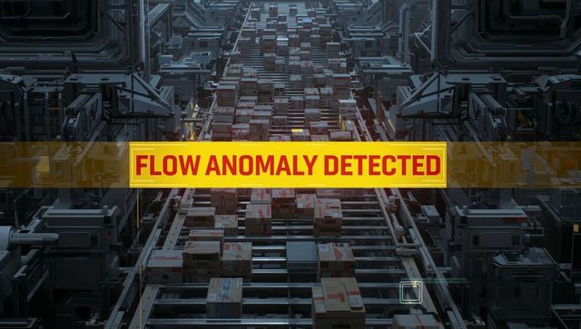 Flow anomaly detected warning banner over automated warehouse conveyor system