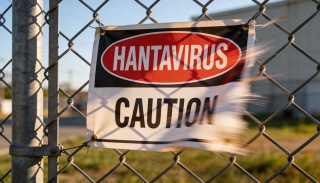 Hantavirus caution sign fluttering on chain-link fence at industrial yard