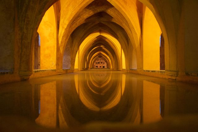 This depiction of stunning architectural vault with a symmetrical design and its reflection creates a captivating visual effect, ideal for works highlighting historic sites, cultural heritage, and architectural beauty. Perfect for use in articles, documentaries, travel brochures, educational materials, or websites focusing on ancient architecture.