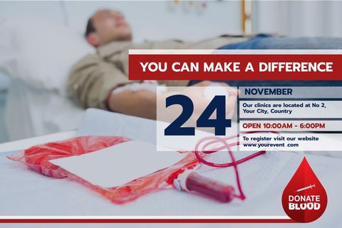 Blood donation event promotion with red bag and patient for health campaigns