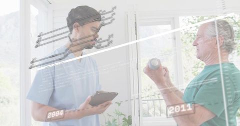 Home physical therapy session showing senior lifting weight while therapist records progress