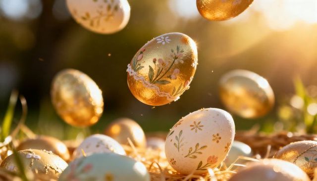Hand-painted gold-leaf easter eggs glowing in golden-hour straw nest with floral motifs