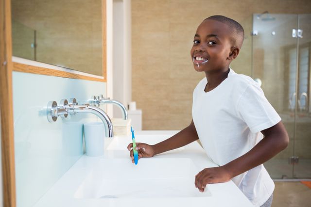 Portrait of smiling boy standing by sink with toothbrush at domestic bathroom