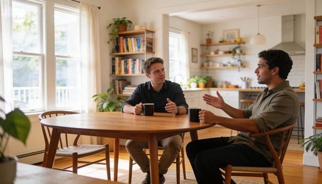 Two men sitting and talking over coffee at sunlit round table in cozy warm modern kitchen