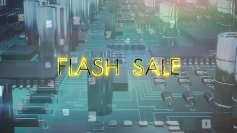 Neon Flash Sale Text Over Futuristic Circuit Board