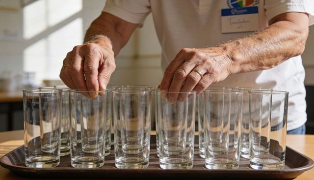 Senior volunteer arranging drinking glasses on tray in sunlit communal dining room
