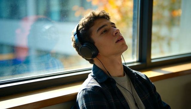 Relaxing young man listening to music with wired headphones on sunlit window bench