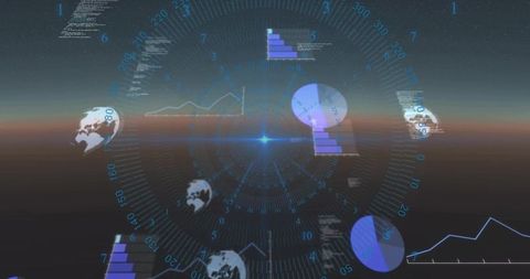 Futuristic hud projecting data visualization with pie bar line charts and globe icons