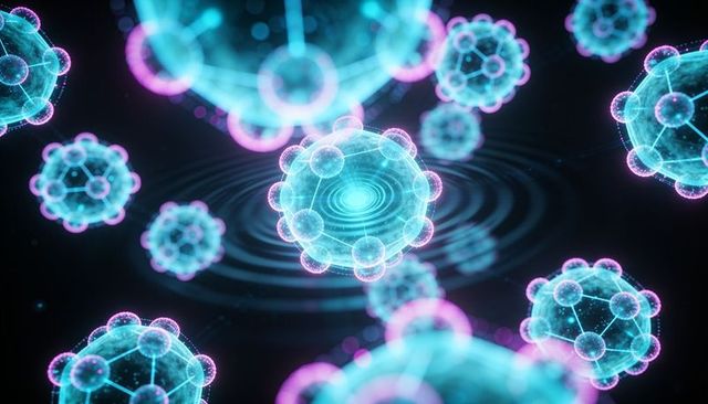 Holographic viral particles floating above dark surface making concentric ripples neon turquoise