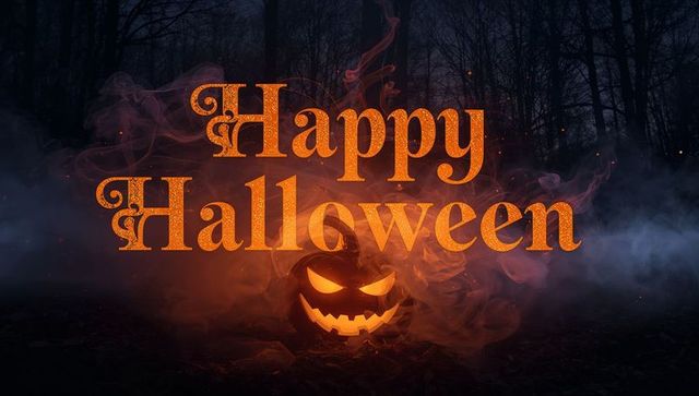 Eerie halloween scene with glowing jack-o'-lantern in foggy forest