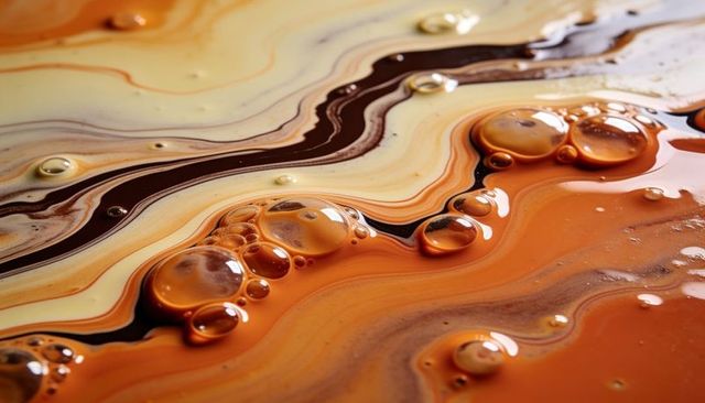 Flowing glossy amber and cream marble with bubbles and droplets macro abstract texture
