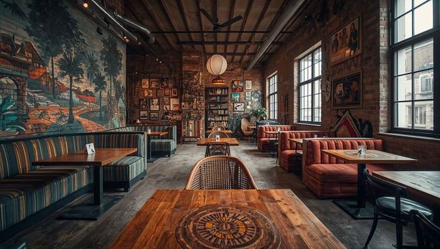 Cozy industrial loft cafe featuring wooden mosaic table and woven rattan chair, brick murals
